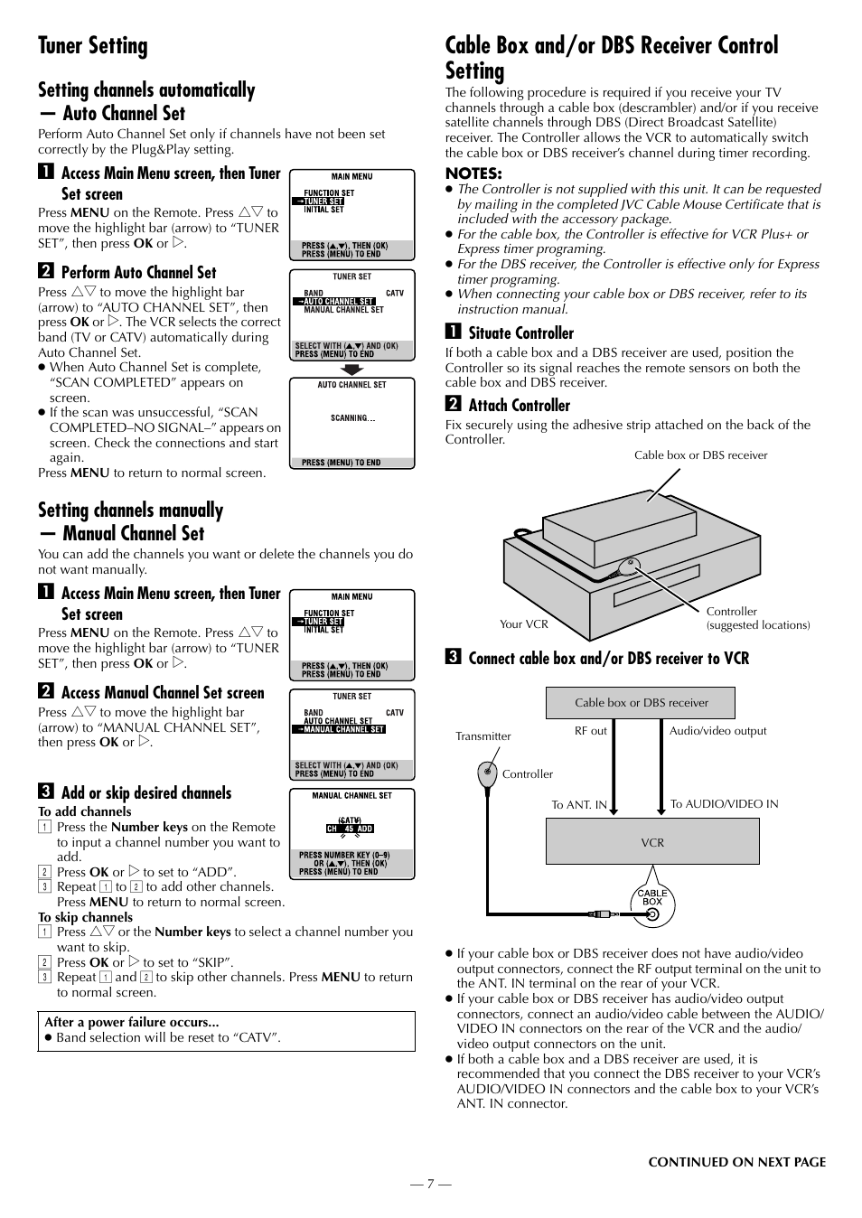Tuner setting, Cable box and/or dbs receiver control setting, Setting channels automatically — auto channel set | Setting channels manually — manual channel set | JVC HR-3911U User Manual | Page 7 / 24