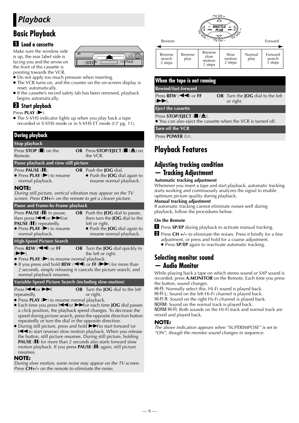 Playback, Basic playback, Playback features | Adjusting tracking condition — tracking adjustment, Selecting monitor sound — audio monitor | JVC HR-3911U User Manual | Page 9 / 24