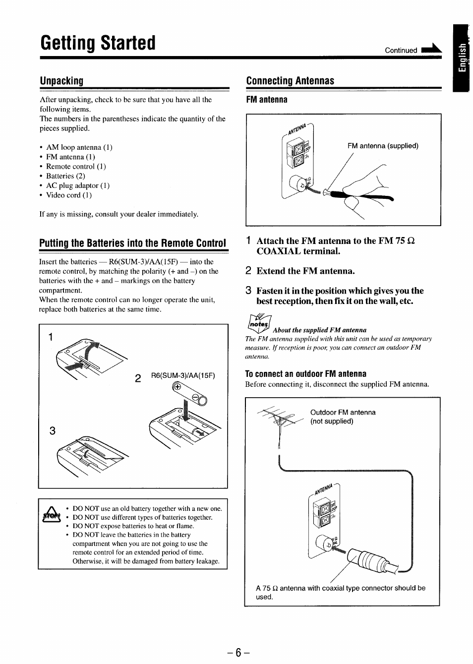 Connecting antennas, Putting the batteries into the remote control, Fm antenna | 2 extend the fm antenna, To connect an outdoor fm antenna, Getting started | JVC MX-J680V User Manual | Page 11 / 38