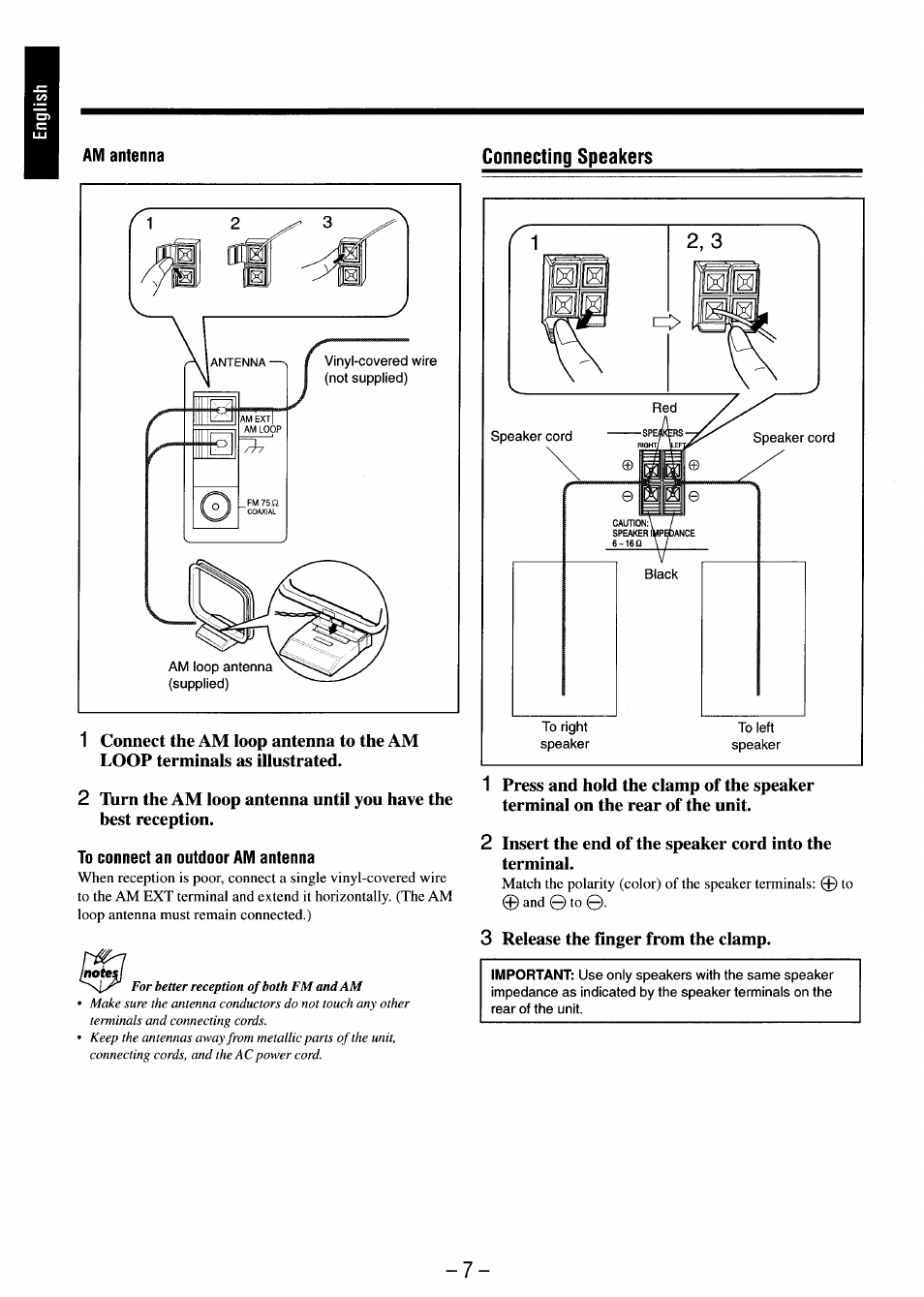 To connect an outdoor am antenna, Terminal on the rear of the unit, 3 release the finger from the clamp | JVC MX-J680V User Manual | Page 12 / 38