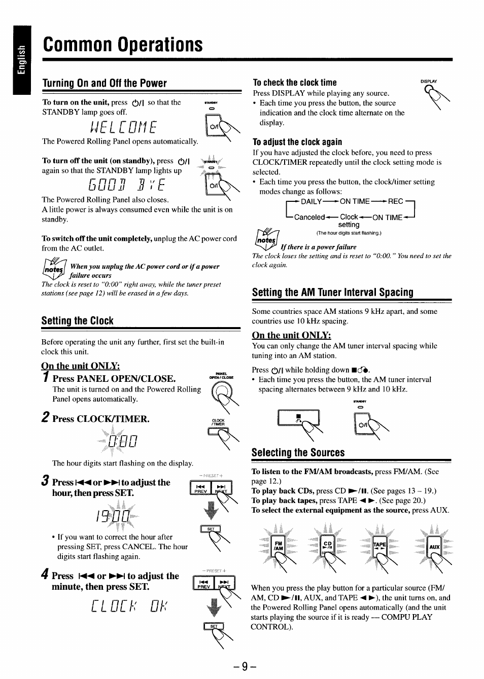 Common operations, Turning on and off the power, Setting the ciock | To check the clock time, To adjust the clock again, Setting the am tuner interval spacing, Selecting the sources | JVC MX-J680V User Manual | Page 14 / 38