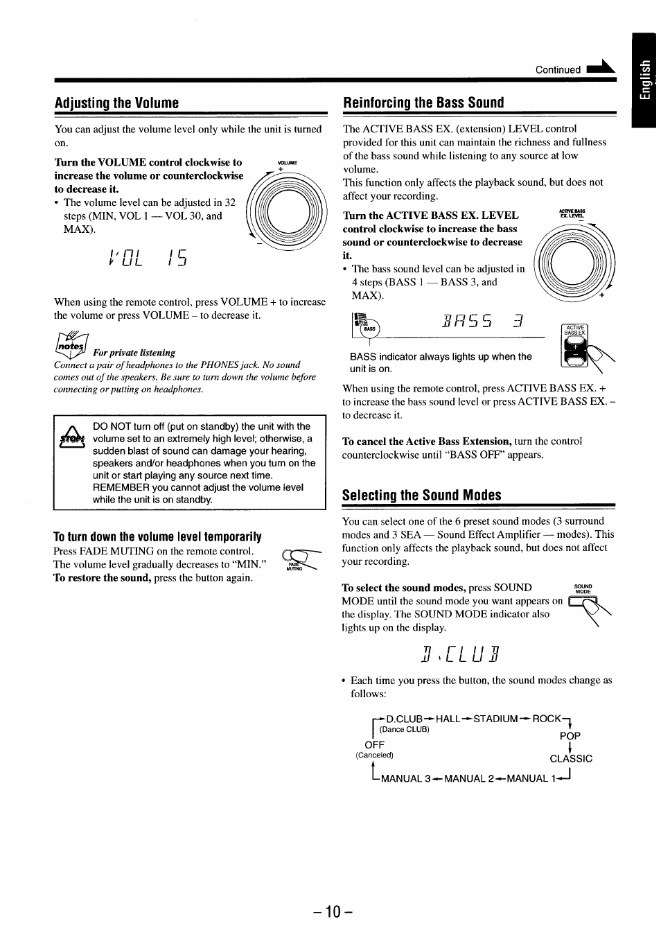 Adjusting the volume, To turn down the volume level temporarily, Reinforcing the bass sound | Selecting the sound modes | JVC MX-J680V User Manual | Page 15 / 38