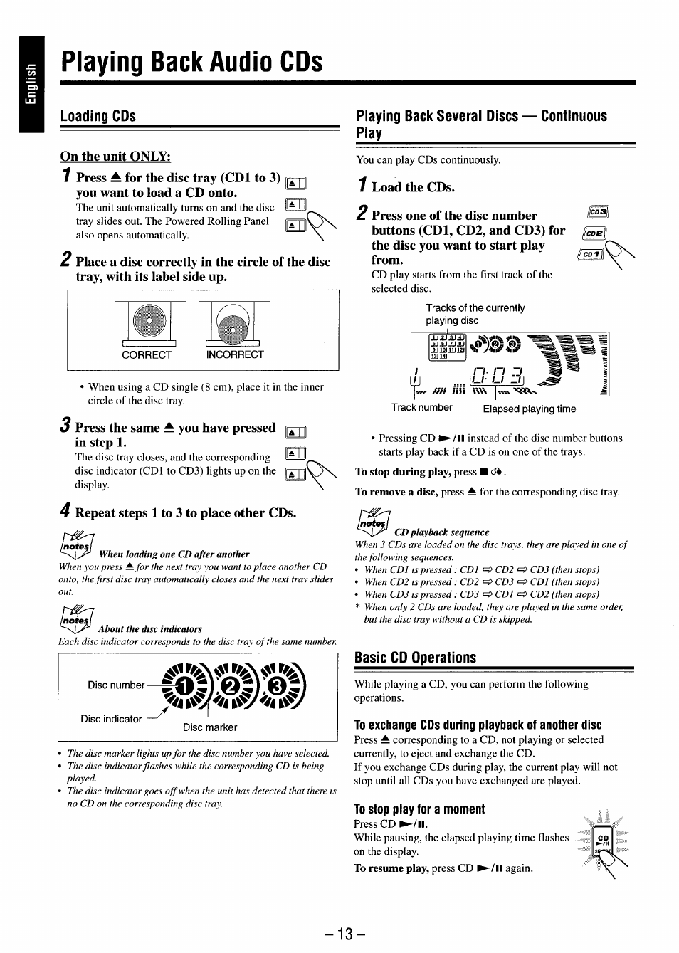 Playing back audio cds, Loading cds, Playing back several discs — continuous play | Basic cd operations, To exchange cds during playback of another disc, To stop play for a moment | JVC MX-J680V User Manual | Page 18 / 38