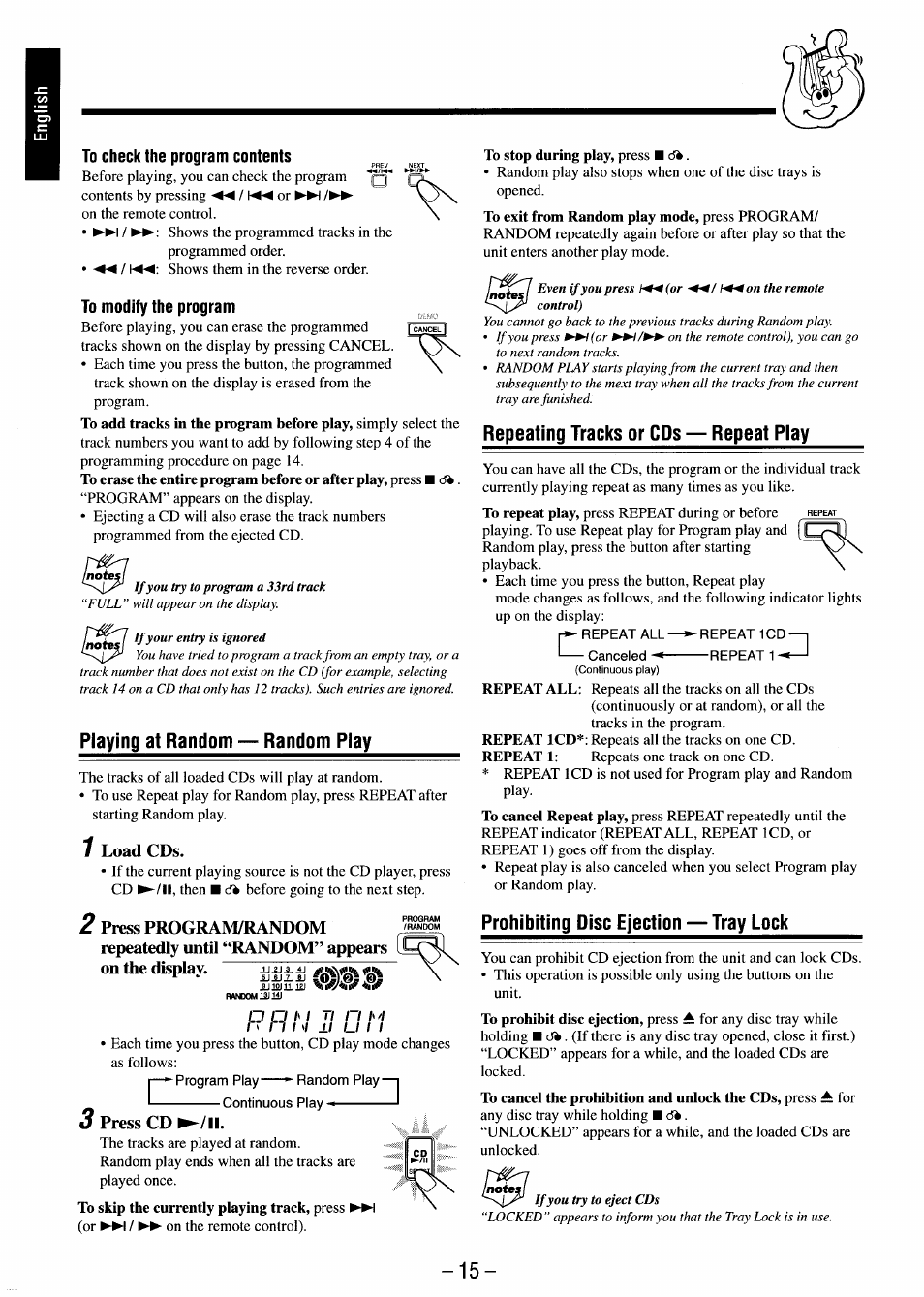 To check the program contents, 7 load cds, 3 press cd | To modify the program, Ri !''l, Playing at random — random play, Repeating tracks or cds — repeat play, Prohibiting disc ejection — tray lock | JVC MX-J680V User Manual | Page 20 / 38