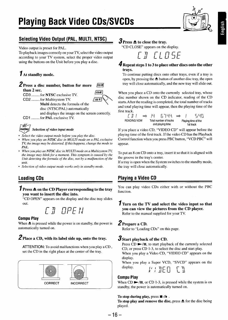 Playing back video cds/svcds, Selecting video output (pal, multi, ntsc), Playing a video cd | Сотри play | JVC MX-J680V User Manual | Page 21 / 38