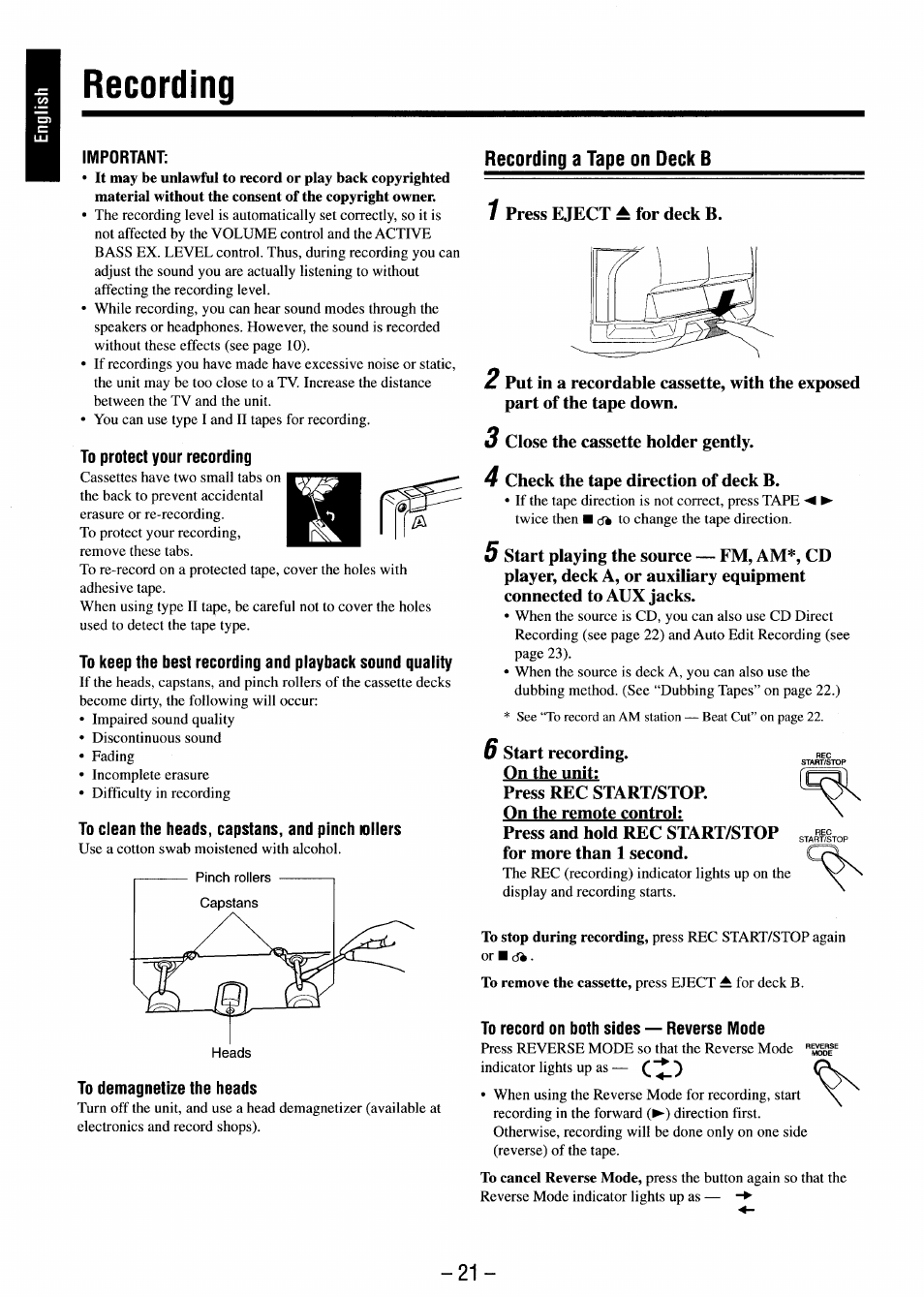 Recording, Important, To protect your recording | To ciean the heads, capstans, and pinch nliers, Recording a tape on deck b, 7 press eject ^ for deck b, 3 close the cassette holder gently, 4 check the tape direction of deck b, 6 start recording. rec, On the unit | JVC MX-J680V User Manual | Page 26 / 38