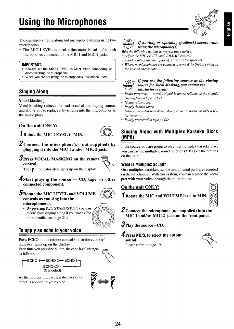 Using the microphones, Singing along, Vocal masking | On the unit only, To apply an echo to your voice, Singing along with multiplex karaoke discs (mpx), What is multiplex sound | JVC MX-J680V User Manual | Page 29 / 38