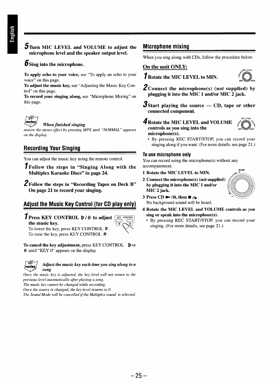 Microphone mixing, Recording your singing, Adjust the music key control (for cd play oniy) | On the unit only, To use microphone only | JVC MX-J680V User Manual | Page 30 / 38