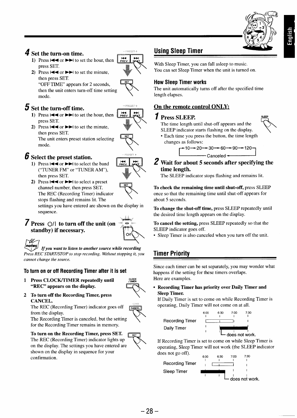 4 set the turn-on time, 5 set the turn-off time, 6 select the preset station | To turn on or off recording timer after it is set, Using sleep timer, How sleep timer works, On the remote control only, 1 press sleep, Timer priority, Using sleep timer timer priority | JVC MX-J680V User Manual | Page 33 / 38