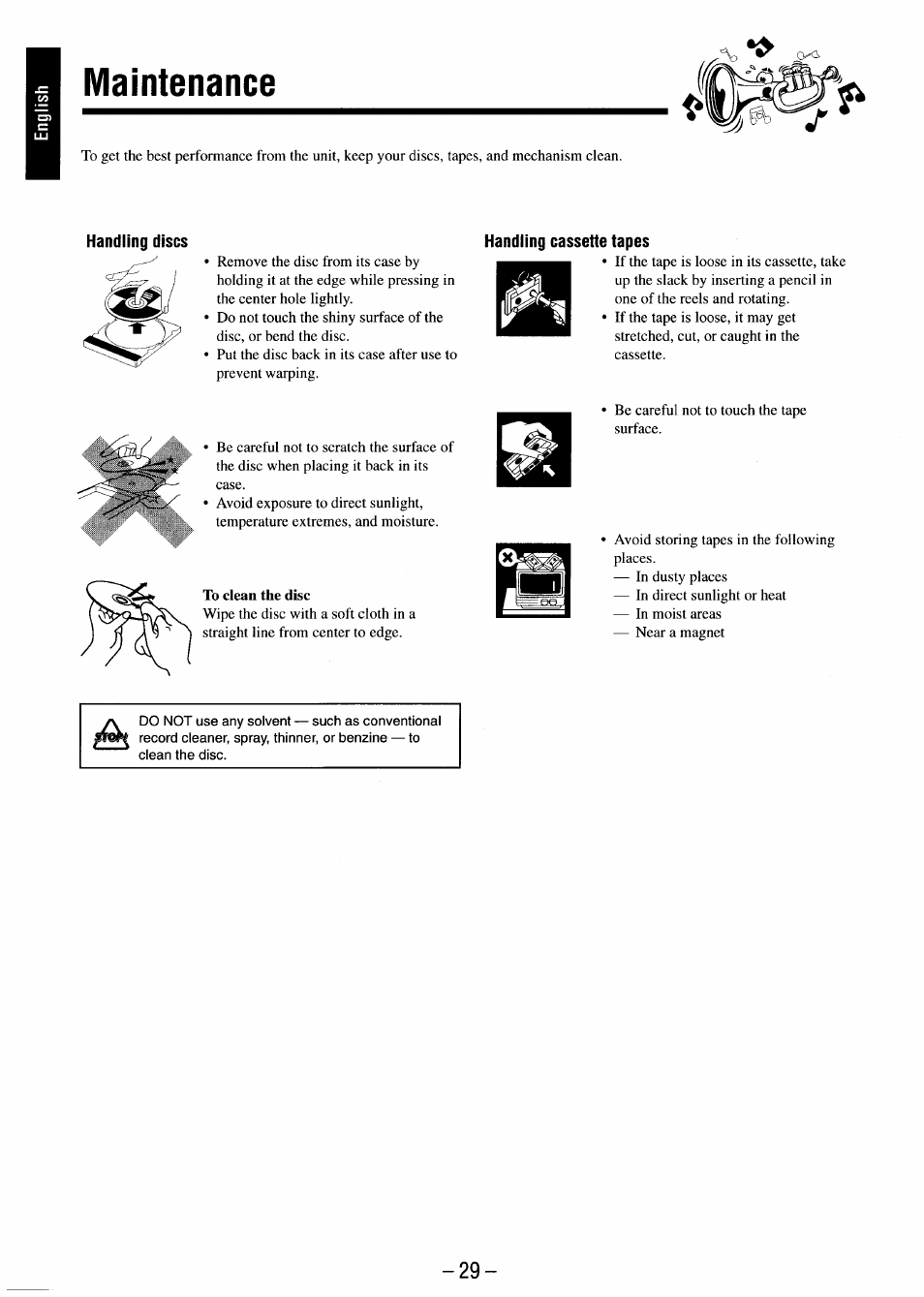 Maintenance, Handling discs, Handling cassette tapes | JVC MX-J680V User Manual | Page 34 / 38