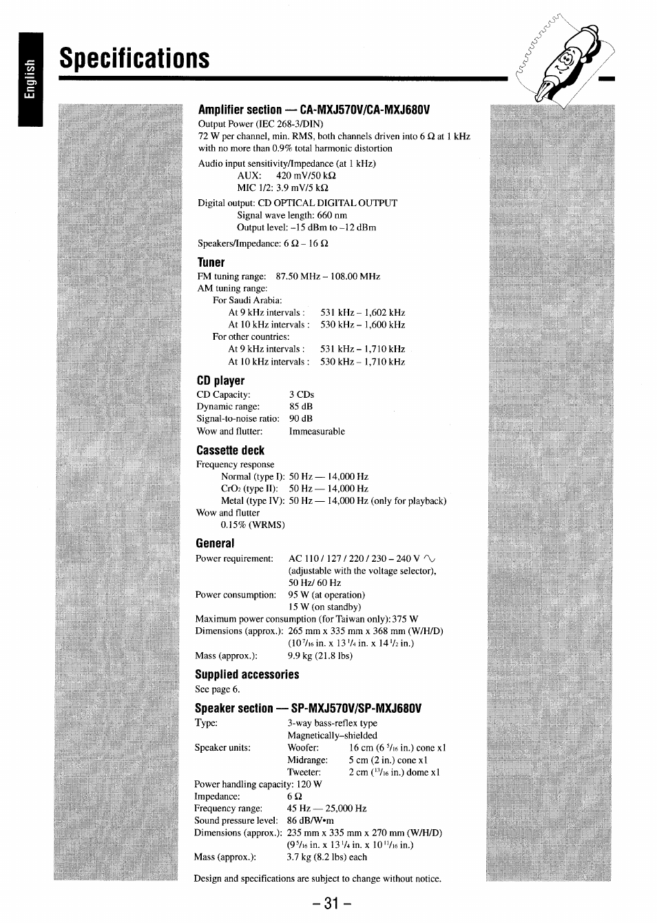 Specifications, Amplifier section — ca-mxj570v/ca-mxj680v, Tuner | Cd piayer, Cassette deck, General, Supplied accessories, Speaker section | JVC MX-J680V User Manual | Page 36 / 38