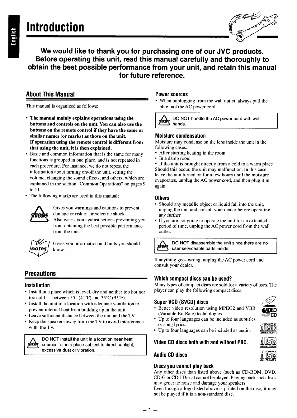 For future reference, About this manual, Precautions | Installation, Power sources, Moisture condensation, Others, Which compact discs can be used, Super vcd (svcd) discs, Discs you cannot play back | JVC MX-J680V User Manual | Page 6 / 38