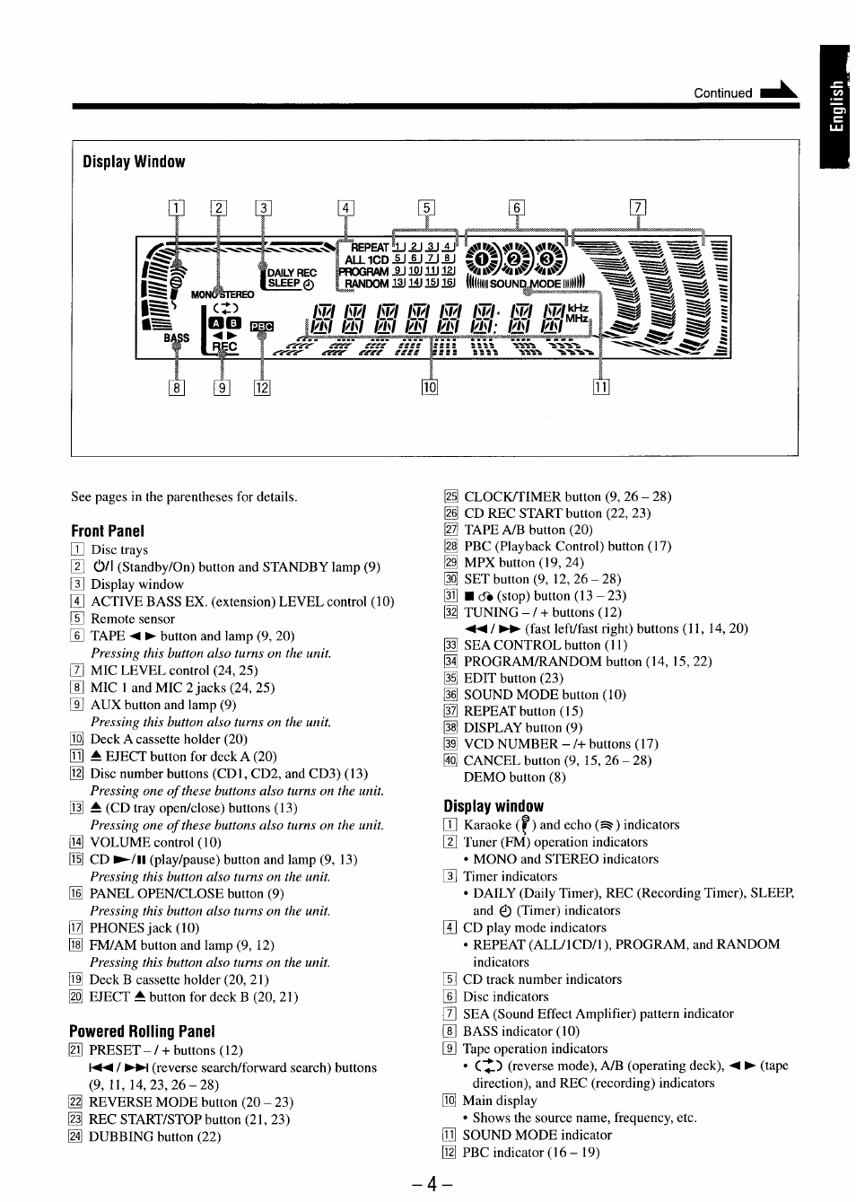 Front panel, Powered rolling panel, Display window | JVC MX-J680V User Manual | Page 9 / 38