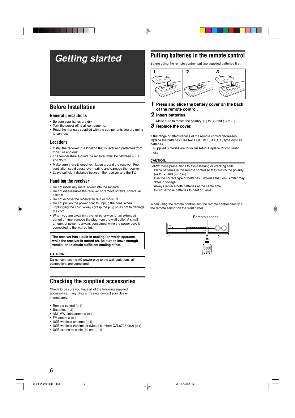 Getting started, Putting batteries in the remote control, Before installation | Checking the supplied accessories | JVC 1105RYMMDWJEIN User Manual | Page 10 / 63