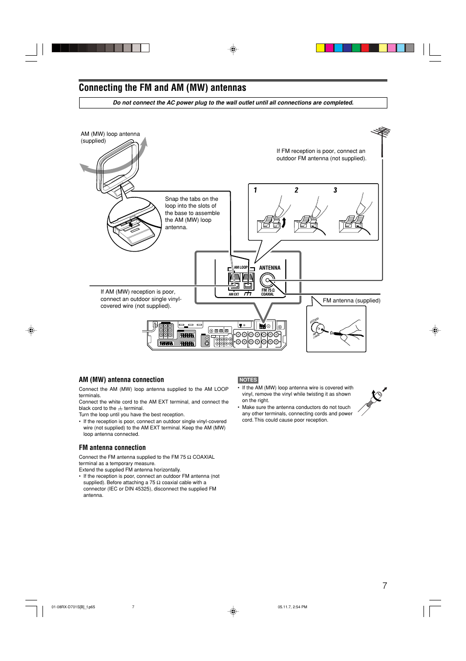 Connecting the fm and am (mw) antennas, Am (mw) antenna connection, Fm antenna connection | JVC 1105RYMMDWJEIN User Manual | Page 11 / 63