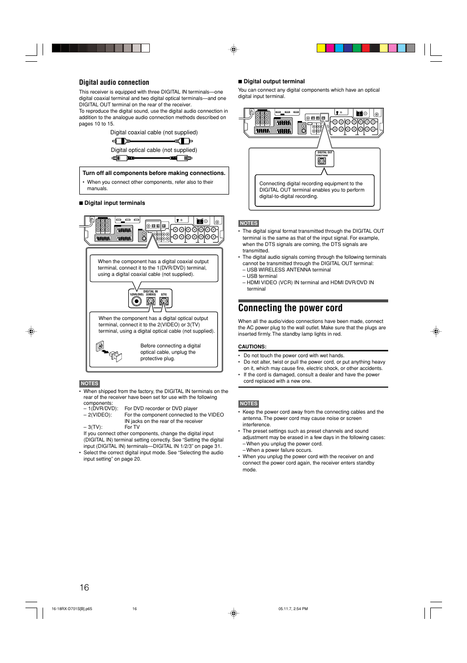Connecting the power cord, Digital audio connection | JVC 1105RYMMDWJEIN User Manual | Page 20 / 63