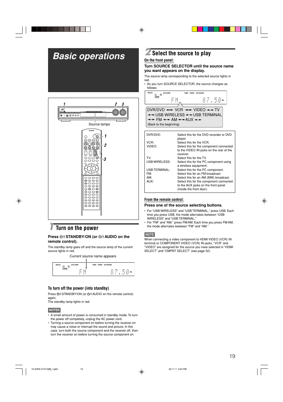 Basic operations, Select the source to play, Turn on the power | JVC 1105RYMMDWJEIN User Manual | Page 23 / 63