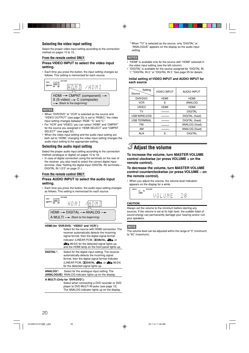 Adjust the volume, Selecting the video input setting, Selecting the audio input setting | JVC 1105RYMMDWJEIN User Manual | Page 24 / 63