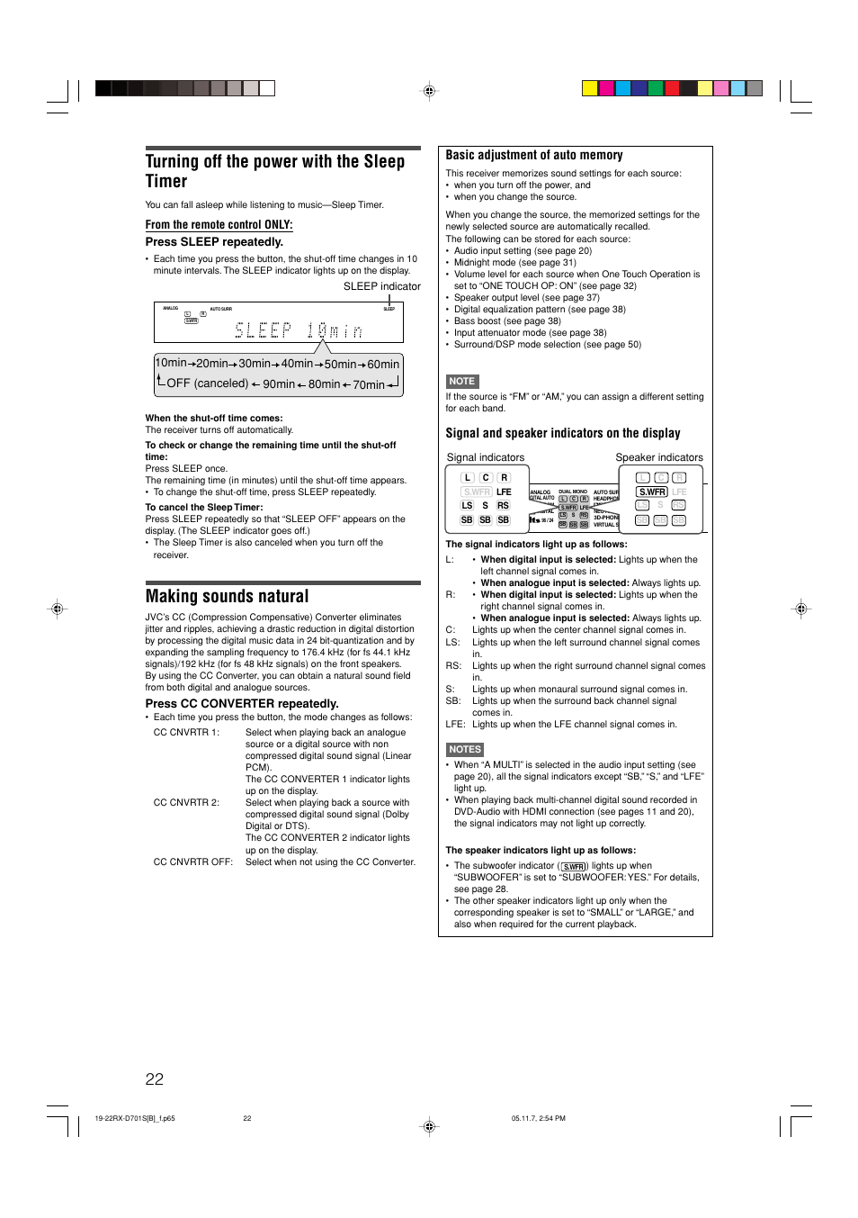 Turning off the power with the sleep timer, Making sounds natural, Signal and speaker indicators on the display | Press cc converter repeatedly | JVC 1105RYMMDWJEIN User Manual | Page 26 / 63
