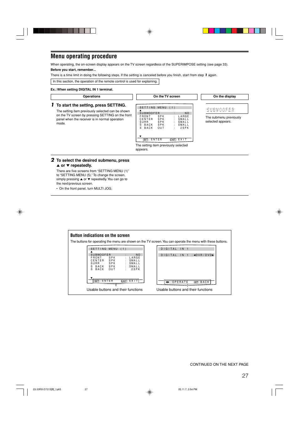 Menu operating procedure, Button indications on the screen | JVC 1105RYMMDWJEIN User Manual | Page 31 / 63