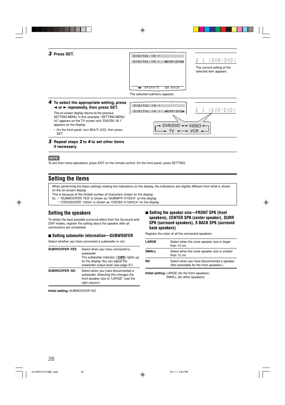 Setting the items, Setting the speakers | JVC 1105RYMMDWJEIN User Manual | Page 32 / 63