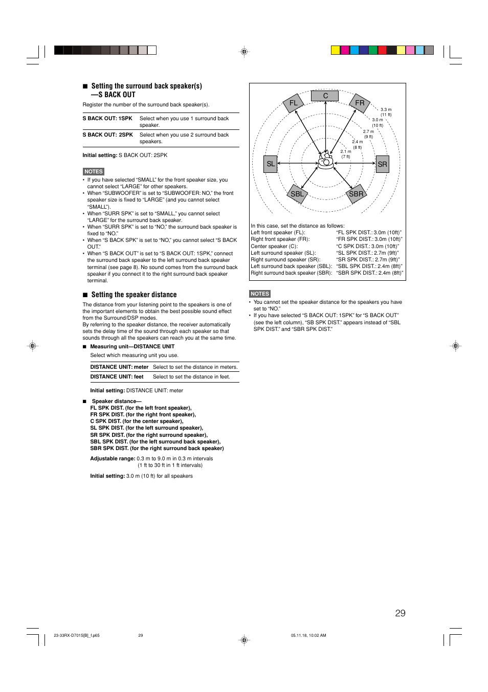 7 setting the surround back speaker(s) —s back out, 7 setting the speaker distance | JVC 1105RYMMDWJEIN User Manual | Page 33 / 63