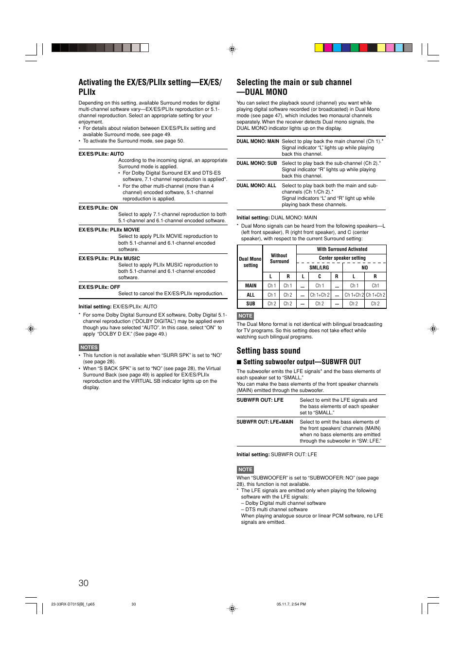 Selecting the main or sub channel —dual mono, Setting bass sound, Activating the ex/es/pliix setting—ex/es/ pliix | 7 setting subwoofer output—subwfr out | JVC 1105RYMMDWJEIN User Manual | Page 34 / 63