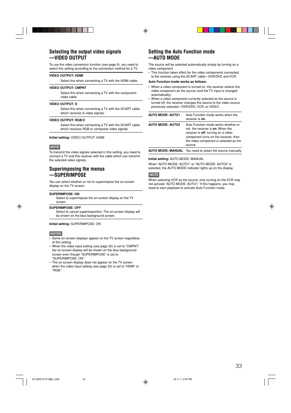 Selecting the output video signals —video output, Superimposing the menus —superimpose, Setting the auto function mode —auto mode | JVC 1105RYMMDWJEIN User Manual | Page 37 / 63