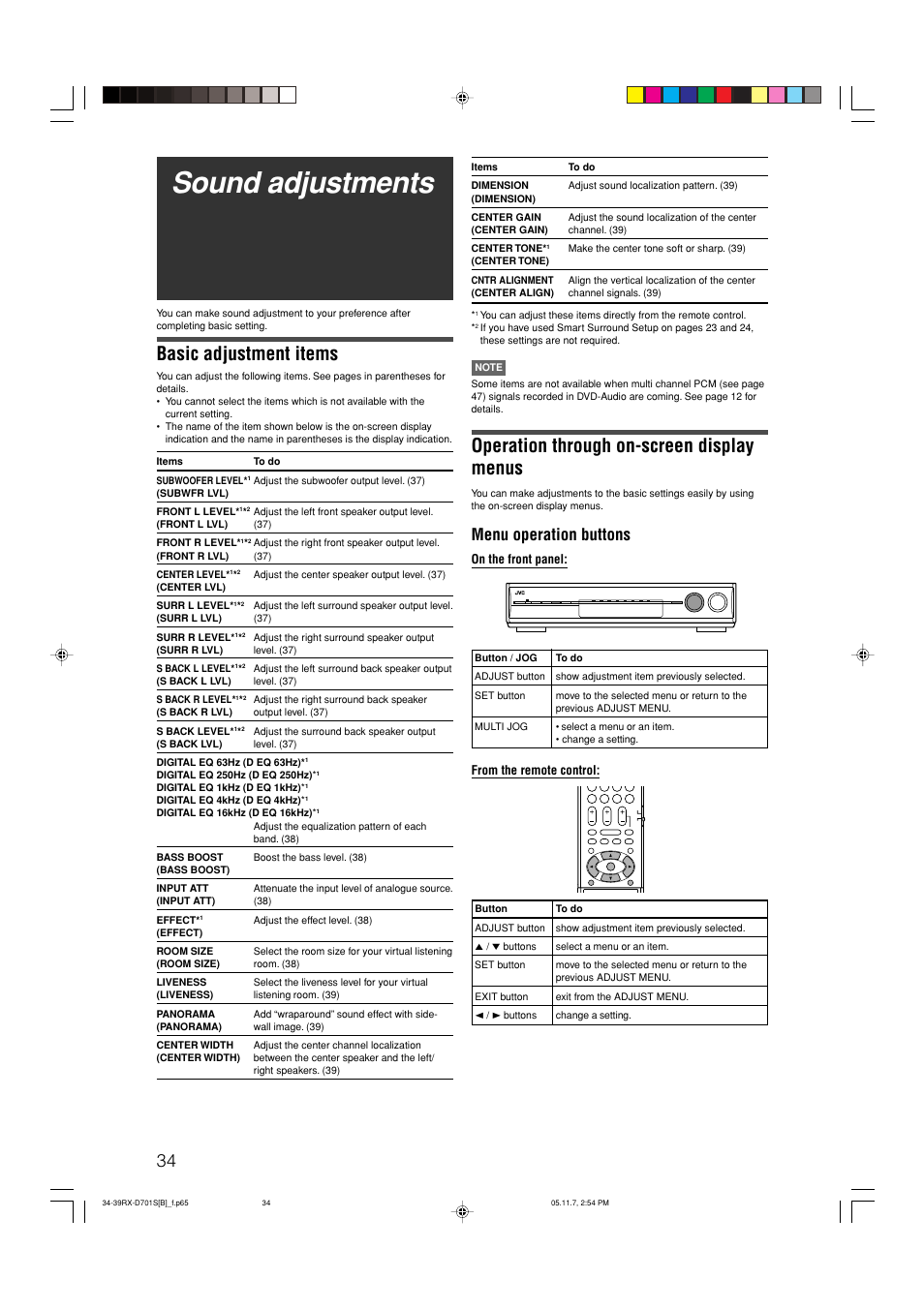 Sound adjustments, Basic adjustment items, Operation through on-screen display menus | Menu operation buttons | JVC 1105RYMMDWJEIN User Manual | Page 38 / 63