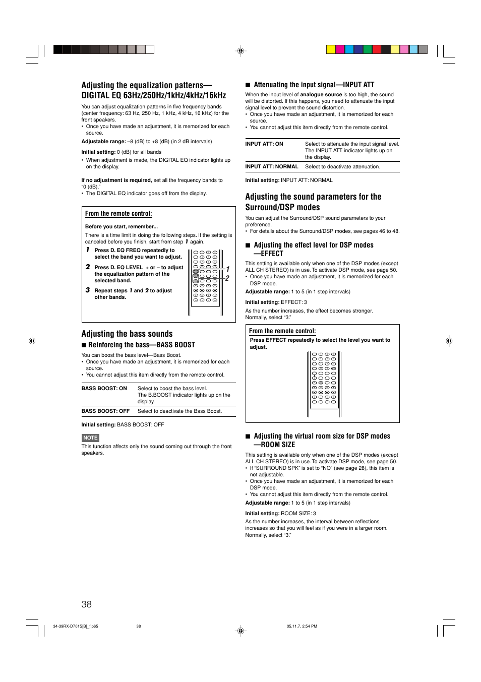 Adjusting the bass sounds, 7 attenuating the input signal—input att, 7 adjusting the effect level for dsp modes —effect | 7 reinforcing the bass—bass boost | JVC 1105RYMMDWJEIN User Manual | Page 42 / 63