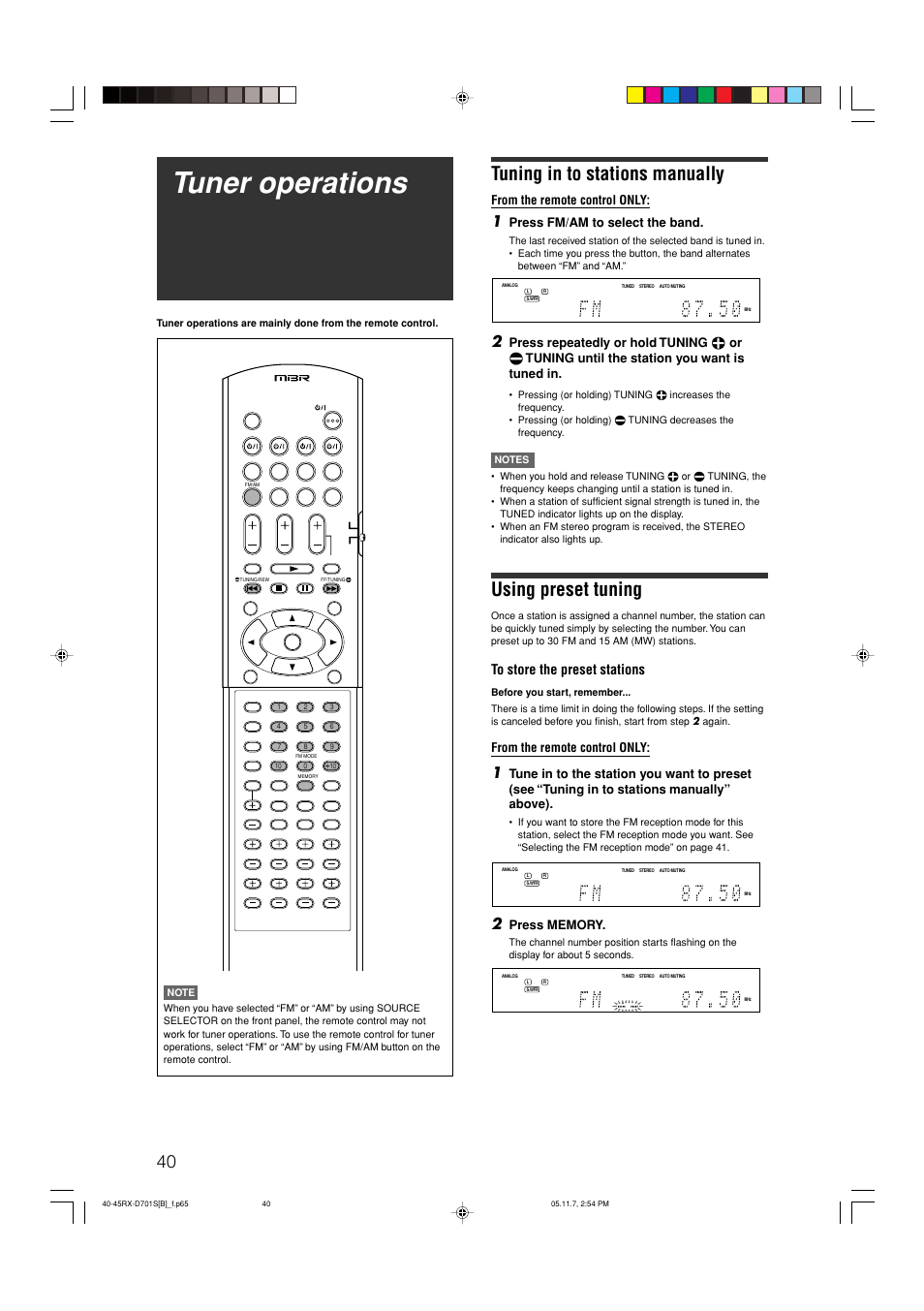 Tuner operations, Tuning in to stations manually, Using preset tuning | Press fm/am to select the band | JVC 1105RYMMDWJEIN User Manual | Page 44 / 63