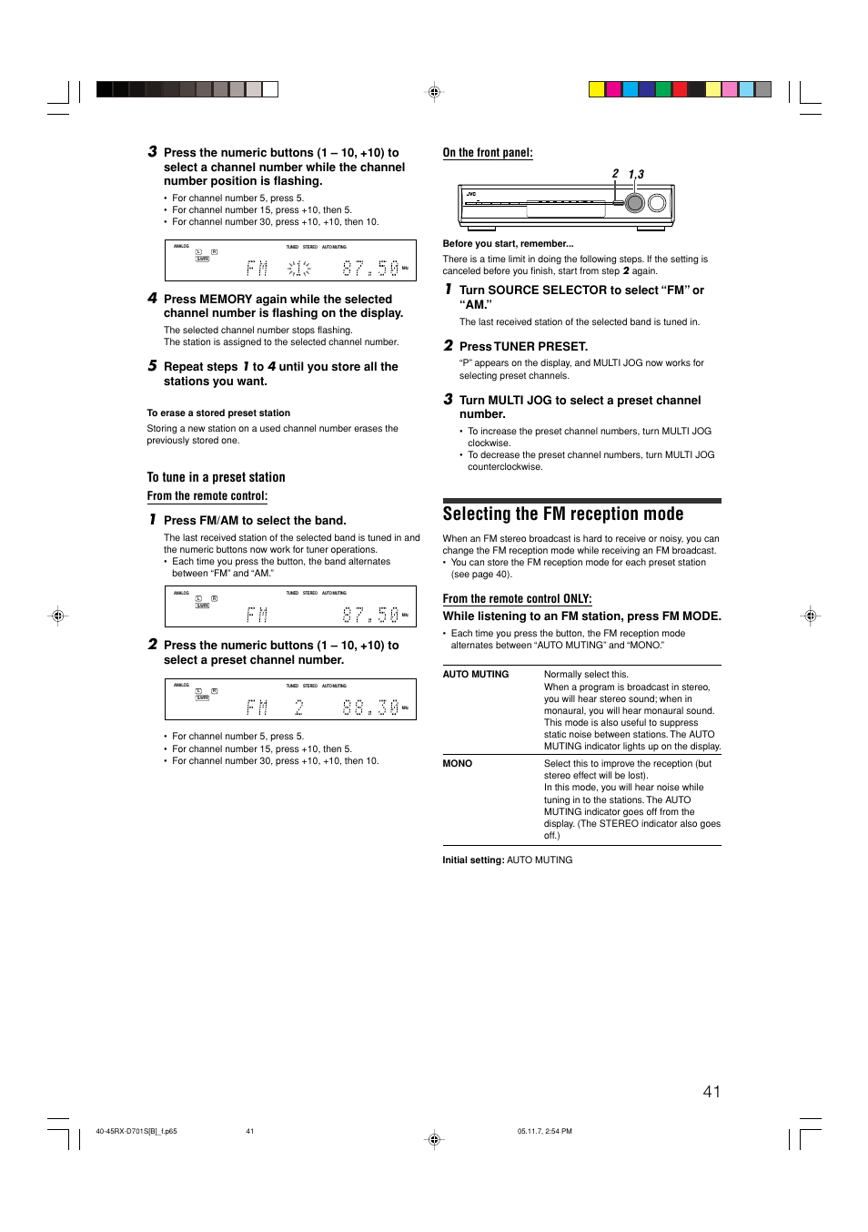 Selecting the fm reception mode | JVC 1105RYMMDWJEIN User Manual | Page 45 / 63