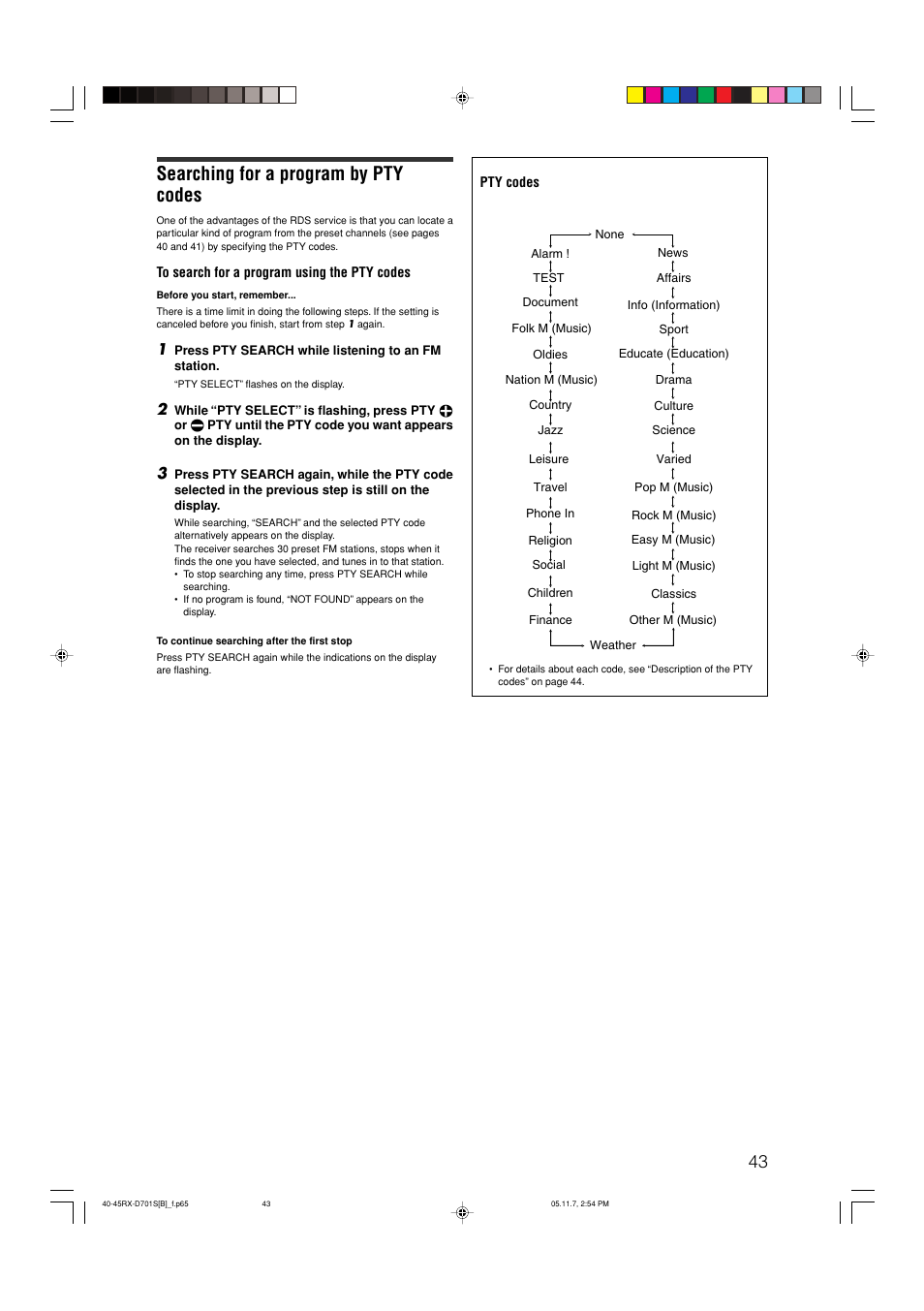 Searching for a program by pty codes | JVC 1105RYMMDWJEIN User Manual | Page 47 / 63