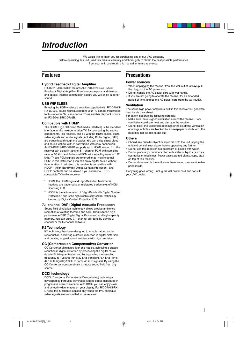 Introduction, Features, Precautions | JVC 1105RYMMDWJEIN User Manual | Page 5 / 63
