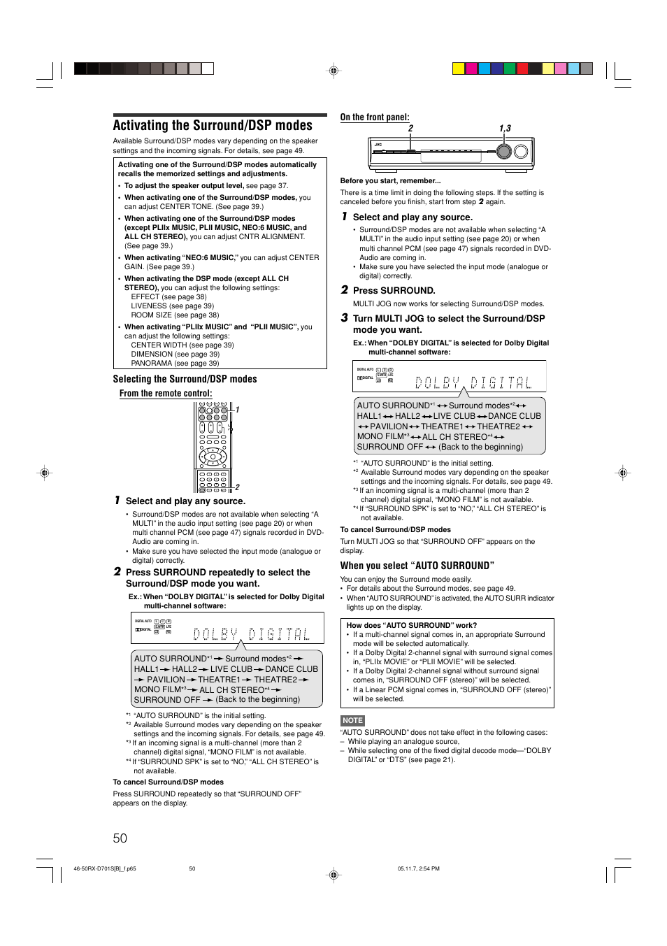 Activating the surround/dsp modes, When you select “auto surround, Selecting the surround/dsp modes | On the front panel, Select and play any source, Press surround | JVC 1105RYMMDWJEIN User Manual | Page 54 / 63
