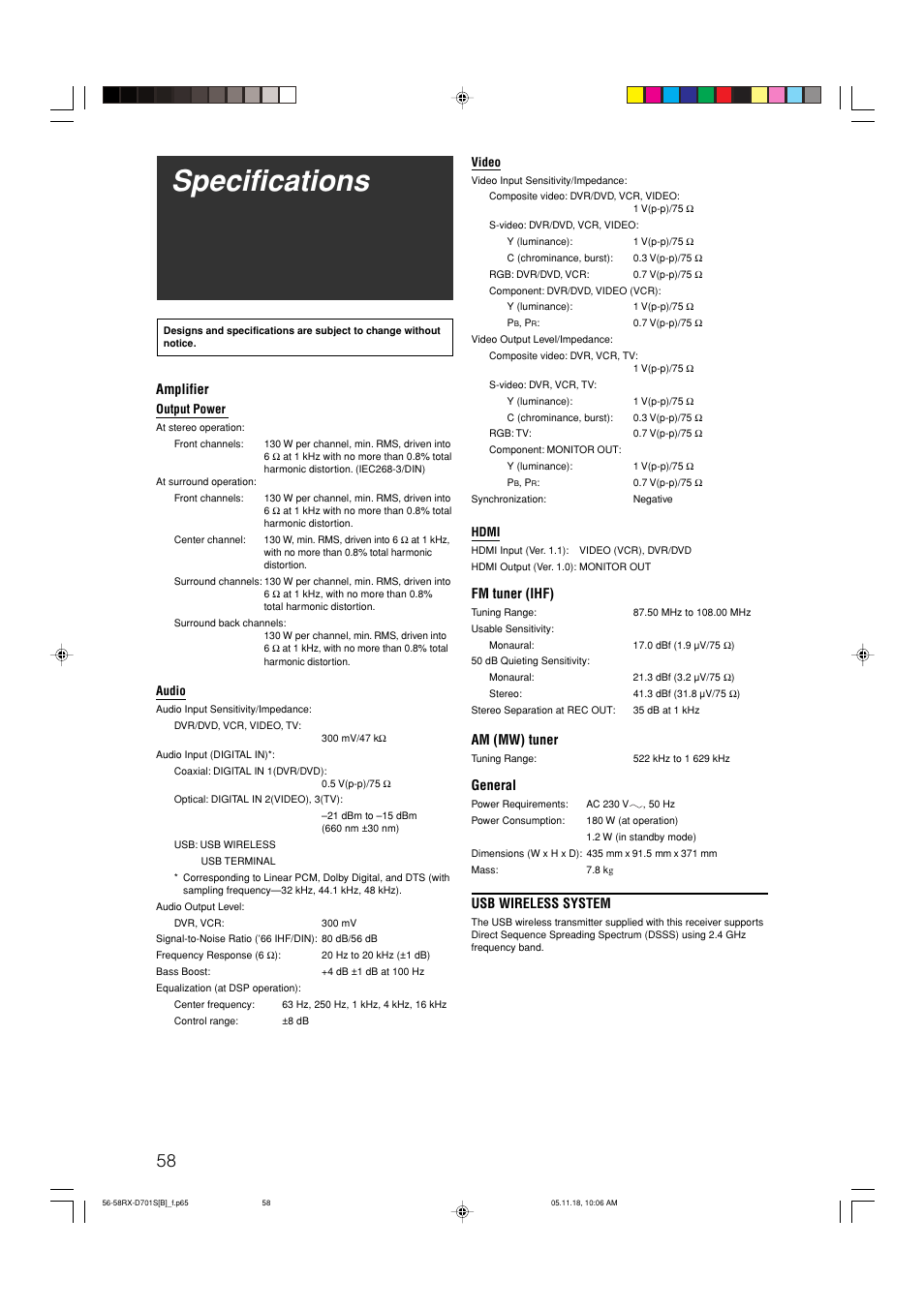 Specifications, Amplifier, Fm tuner (ihf) | Am (mw) tuner, General, Usb wireless system | JVC 1105RYMMDWJEIN User Manual | Page 62 / 63