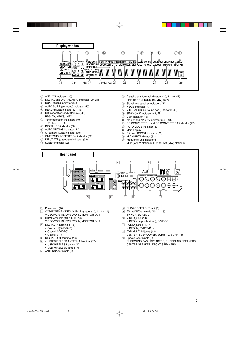 Rear panel, Display window, 26 q e | JVC 1105RYMMDWJEIN User Manual | Page 9 / 63