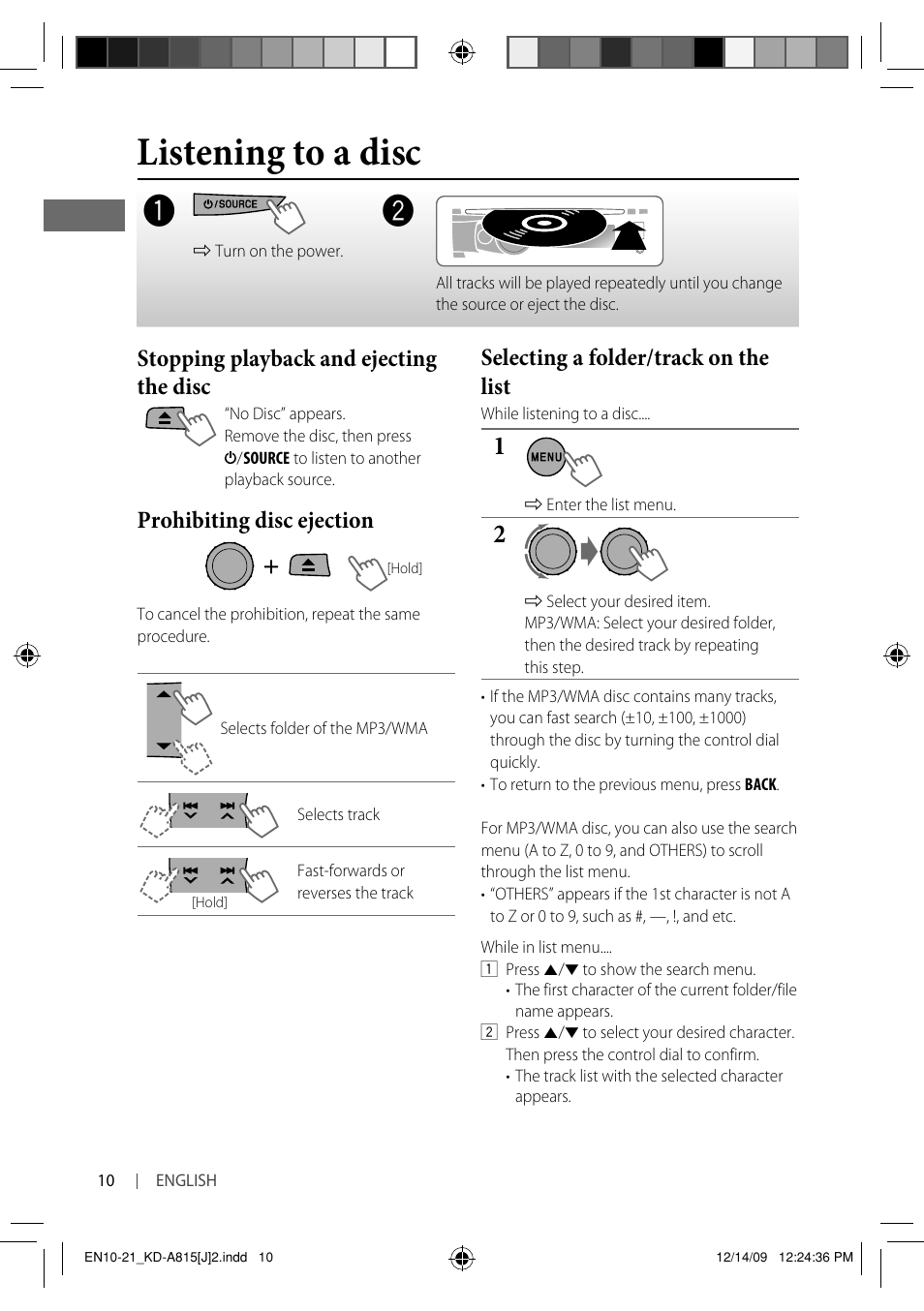 Listening to a disc, Stopping playback and ejecting the disc, Prohibiting disc ejection | Selecting a folder/track on the list | JVC GET0651-001A User Manual | Page 10 / 145