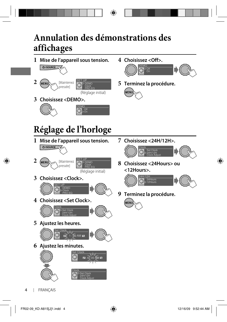 Réglage de l’horloge, Annulation des démonstrations des affichages | JVC GET0651-001A User Manual | Page 100 / 145