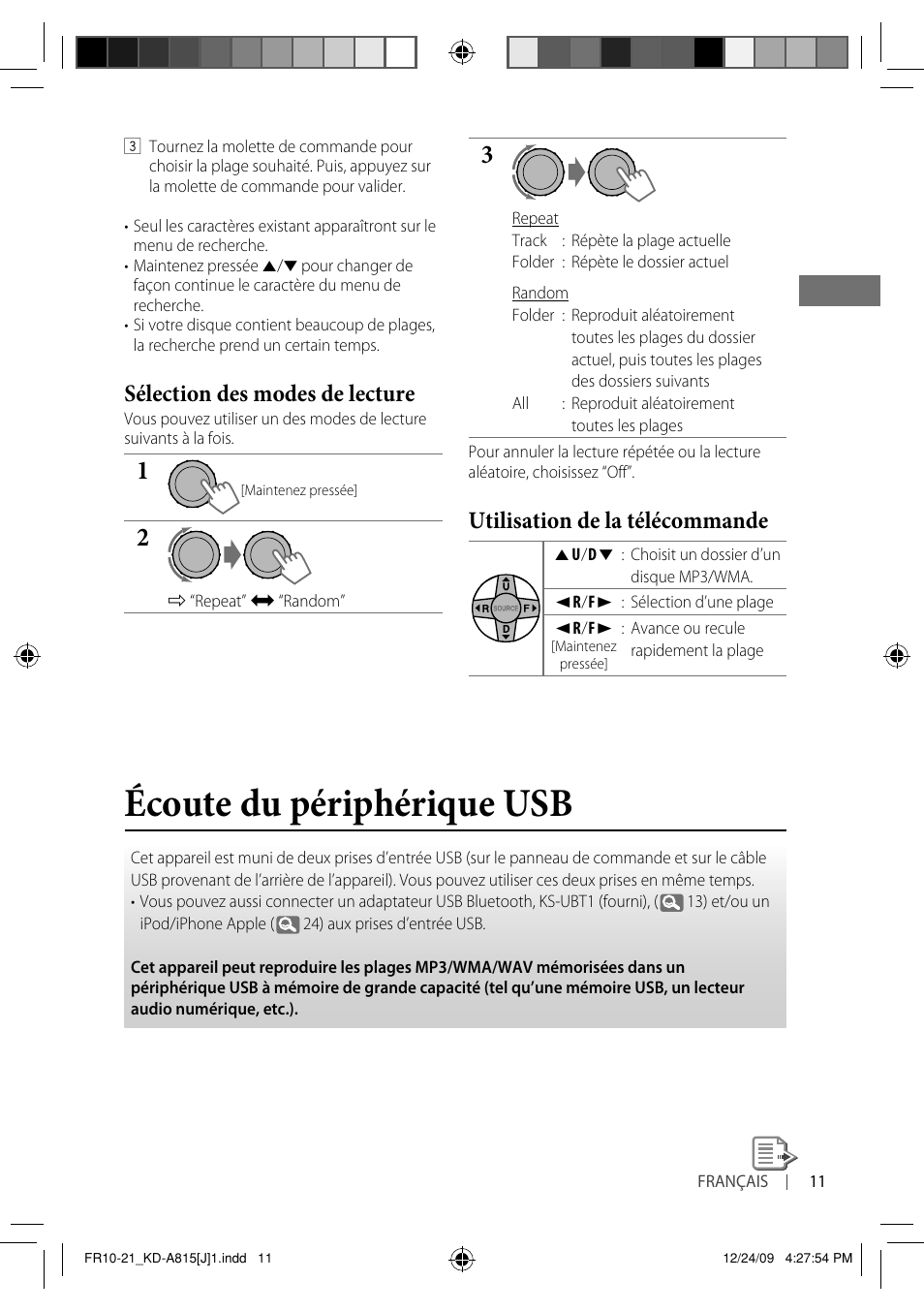 Écoute du périphérique usb, Sélection des modes de lecture, Utilisation de la télécommande | JVC GET0651-001A User Manual | Page 107 / 145