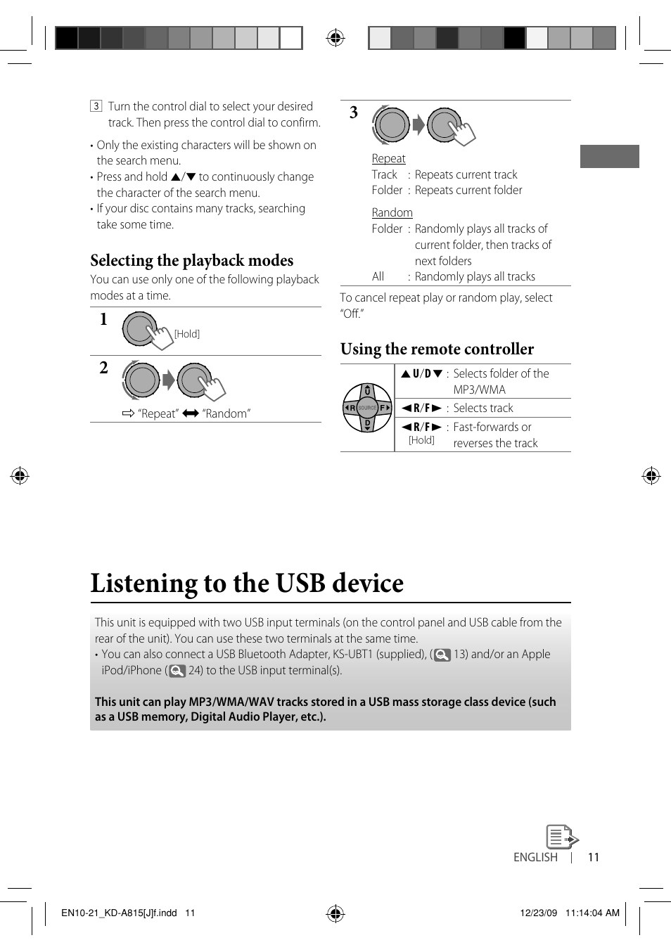 Listening to the usb device, Selecting the playback modes, Using the remote controller | JVC GET0651-001A User Manual | Page 11 / 145