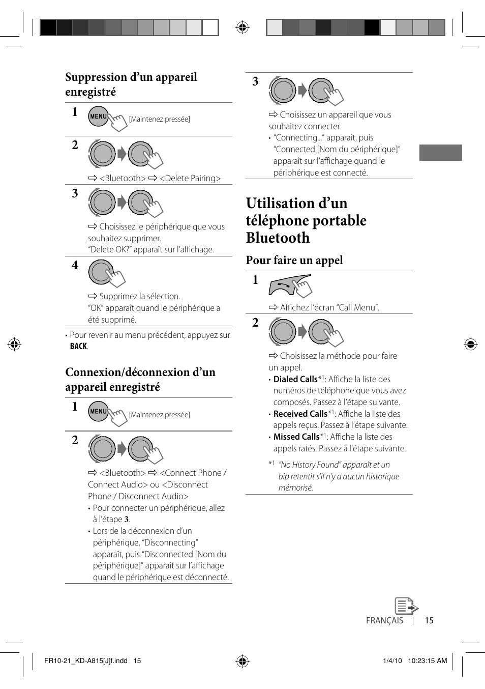 Utilisation d’un téléphone portable bluetooth, Suppression d’un appareil enregistré, Connexion/déconnexion d’un appareil enregistré | Pour faire un appel | JVC GET0651-001A User Manual | Page 111 / 145