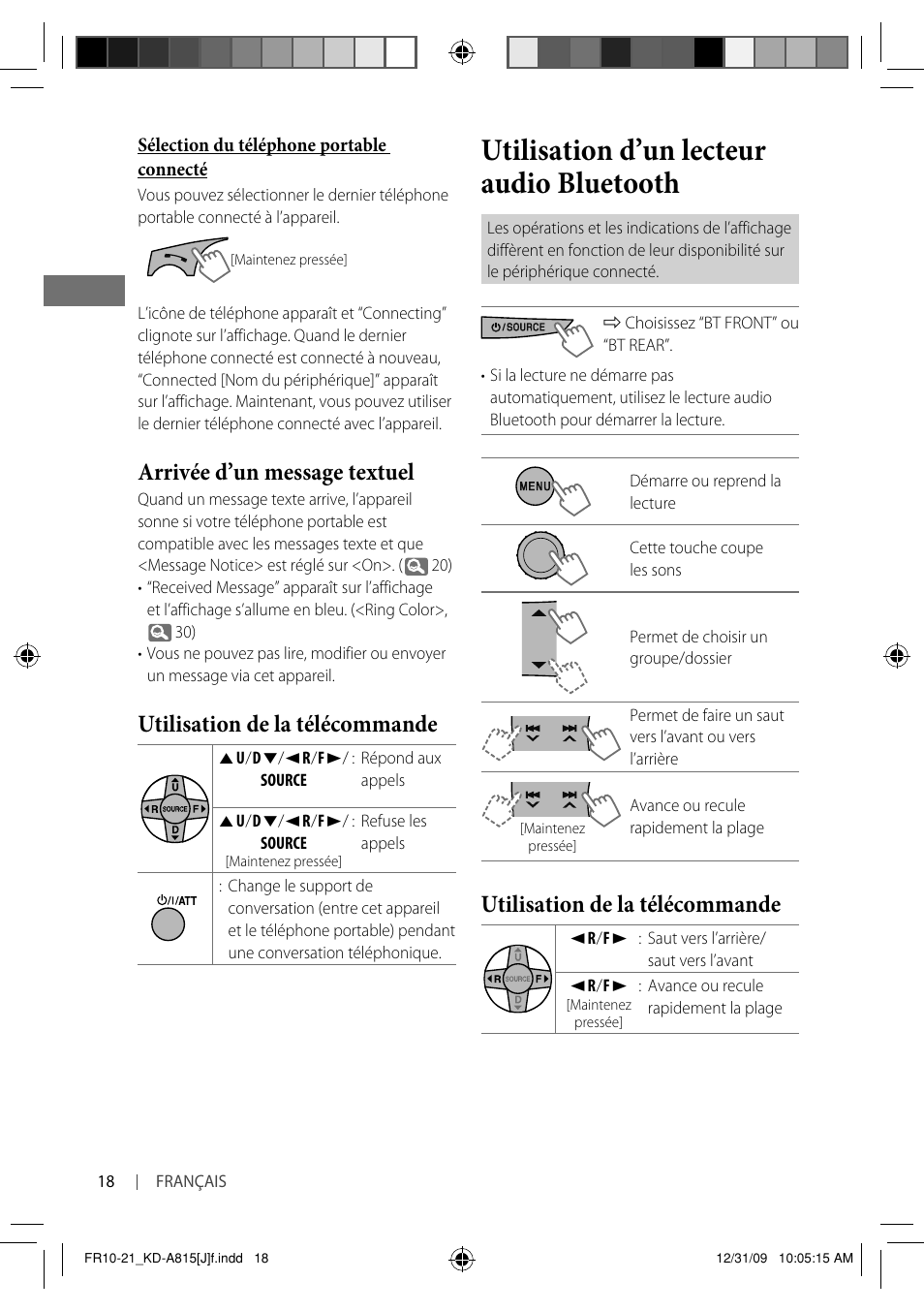 Utilisation d’un lecteur audio bluetooth, Utilisation de la télécommande, Arrivée d’un message textuel | JVC GET0651-001A User Manual | Page 114 / 145