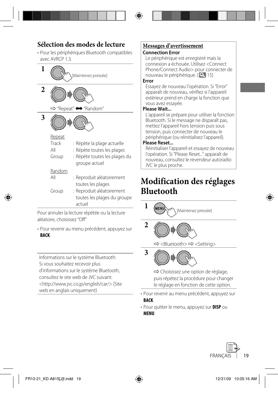 Modification des réglages bluetooth, Sélection des modes de lecture | JVC GET0651-001A User Manual | Page 115 / 145