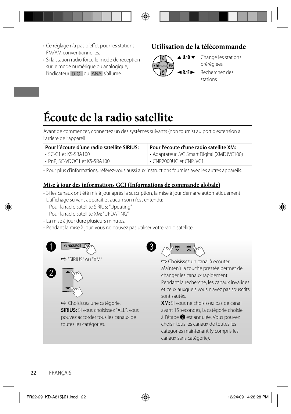 Écoute de la radio satellite, Utilisation de la télécommande | JVC GET0651-001A User Manual | Page 118 / 145