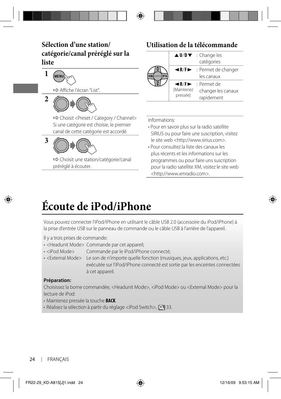 Écoute de ipod/iphone, Utilisation de la télécommande | JVC GET0651-001A User Manual | Page 120 / 145