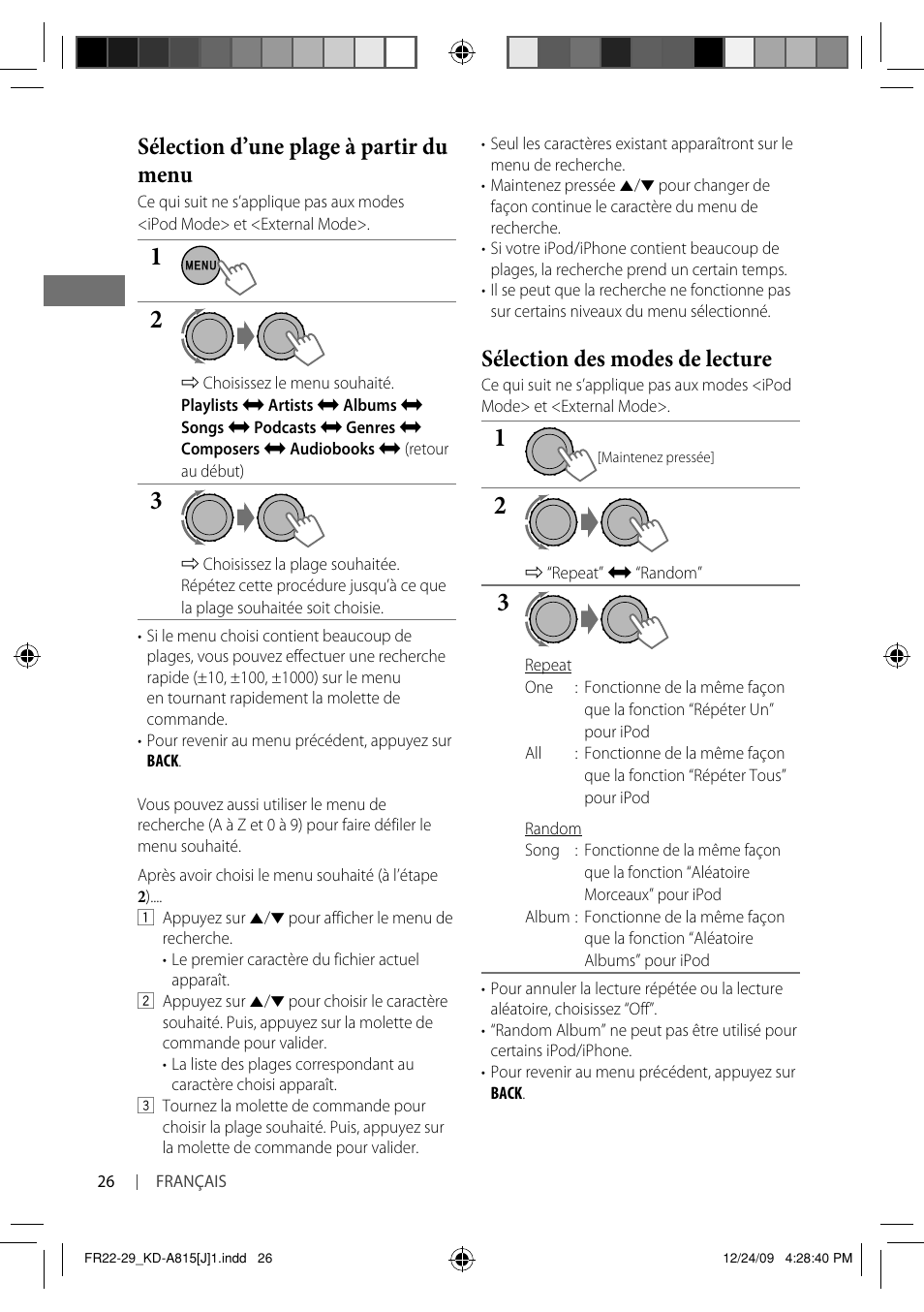 Sélection des modes de lecture, Sélection d’une plage à partir du menu | JVC GET0651-001A User Manual | Page 122 / 145