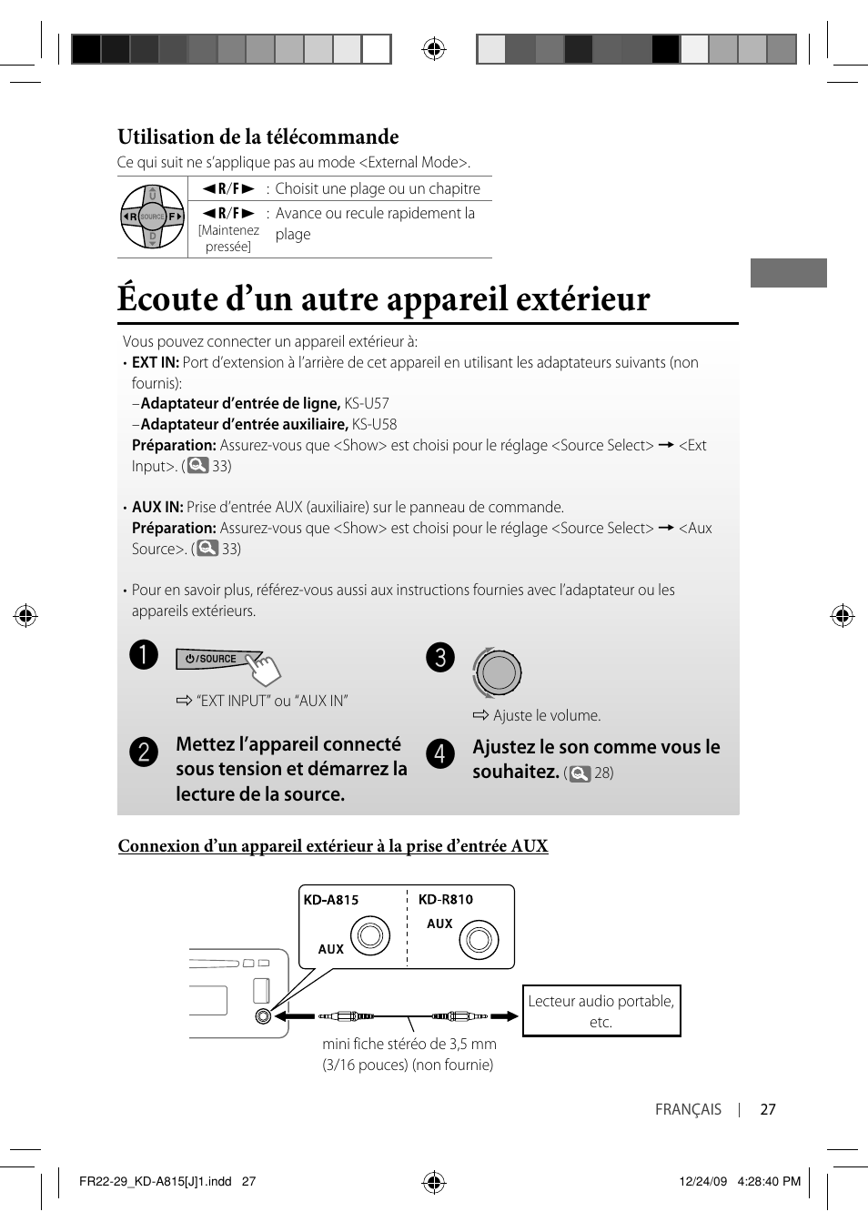 Écoute d’un autre appareil extérieur, Utilisation de la télécommande | JVC GET0651-001A User Manual | Page 123 / 145