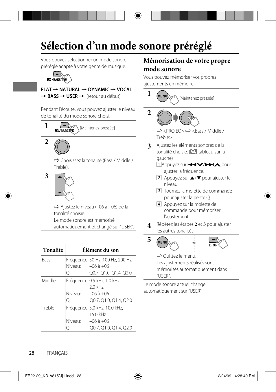 Sélection d’un mode sonore préréglé, Mémorisation de votre propre mode sonore | JVC GET0651-001A User Manual | Page 124 / 145