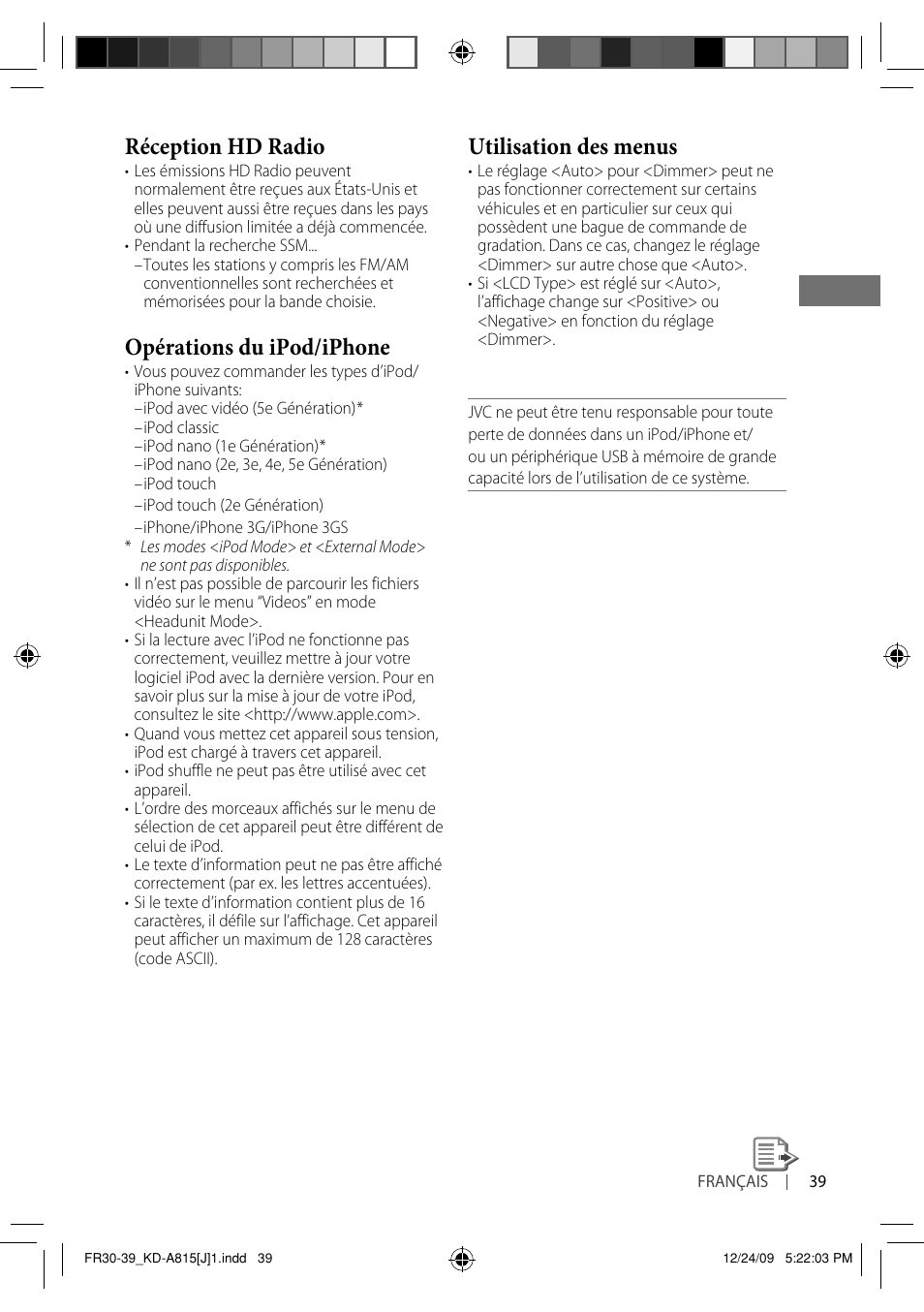 Réception hd radio, Opérations du ipod/iphone, Utilisation des menus | JVC GET0651-001A User Manual | Page 135 / 145